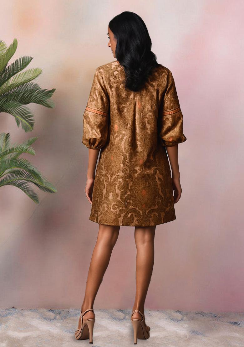 Metalic Gold Brocade Dress - Indya