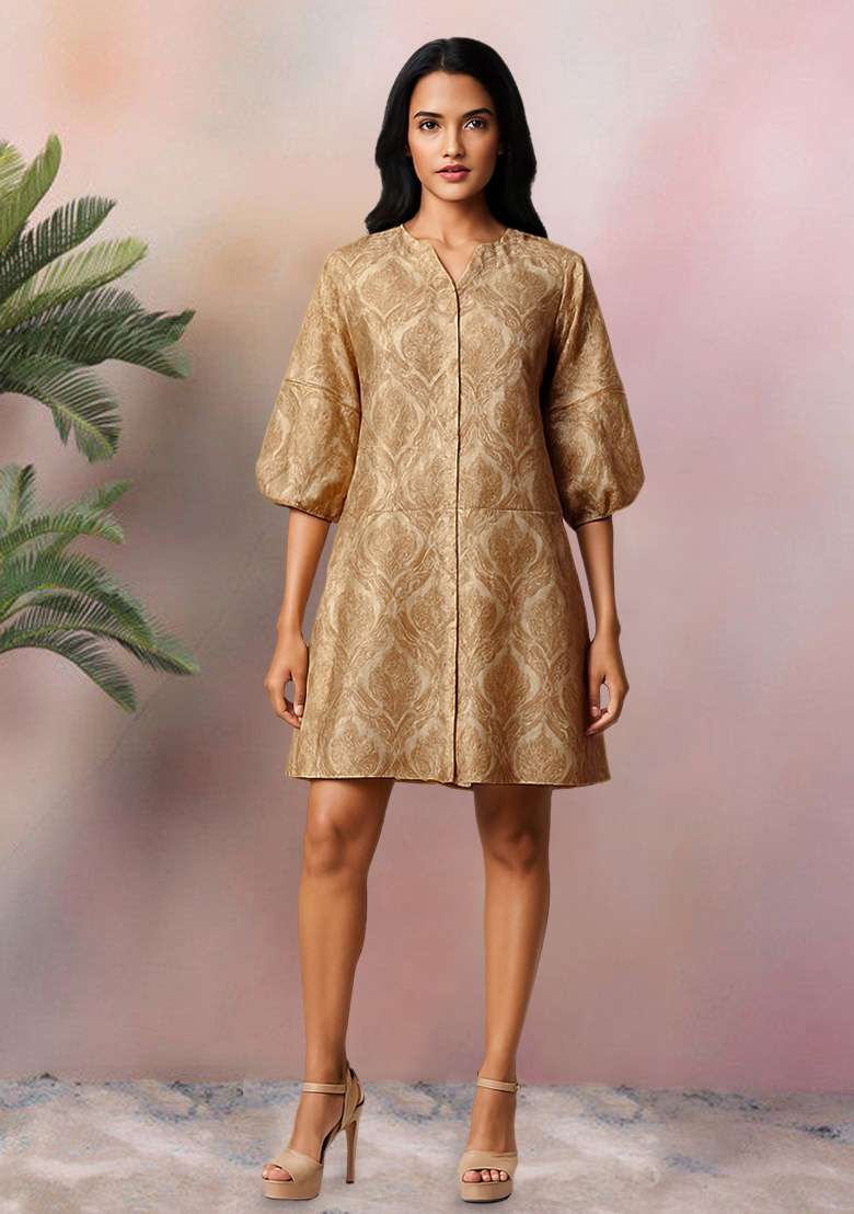 Golden Brocade Dress - Indya