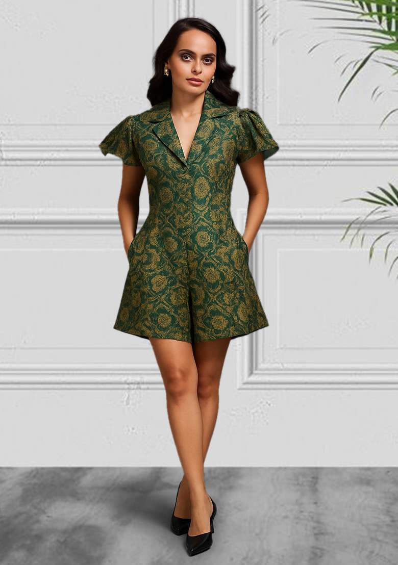 Green Brocade Dress - Indya