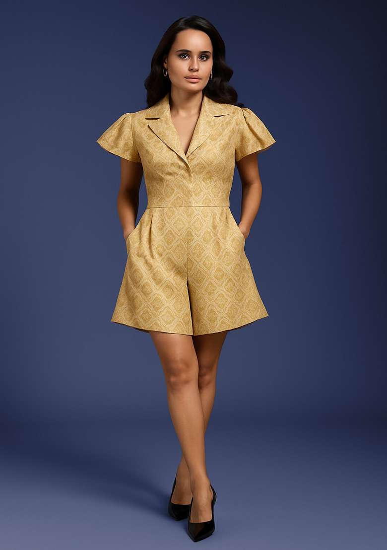 Metalic Gold Brocade Dress - Indya