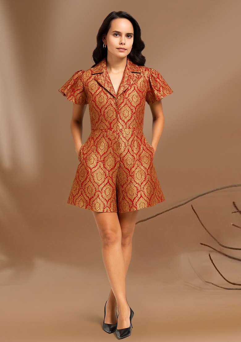 Maroon Brocade Dress - Indya