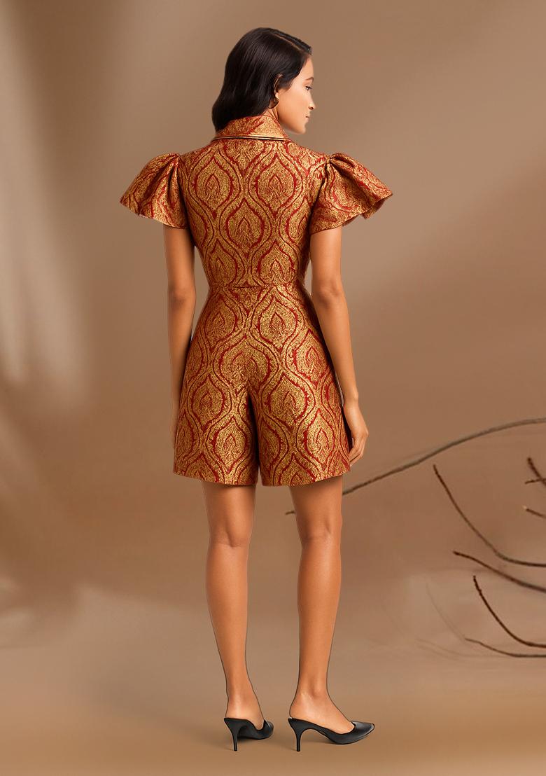 Maroon Brocade Dress - Indya