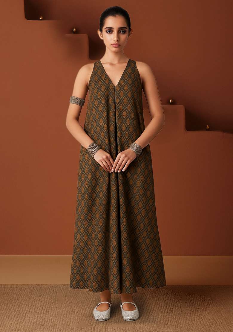 Brown Brocade Dress - Indya