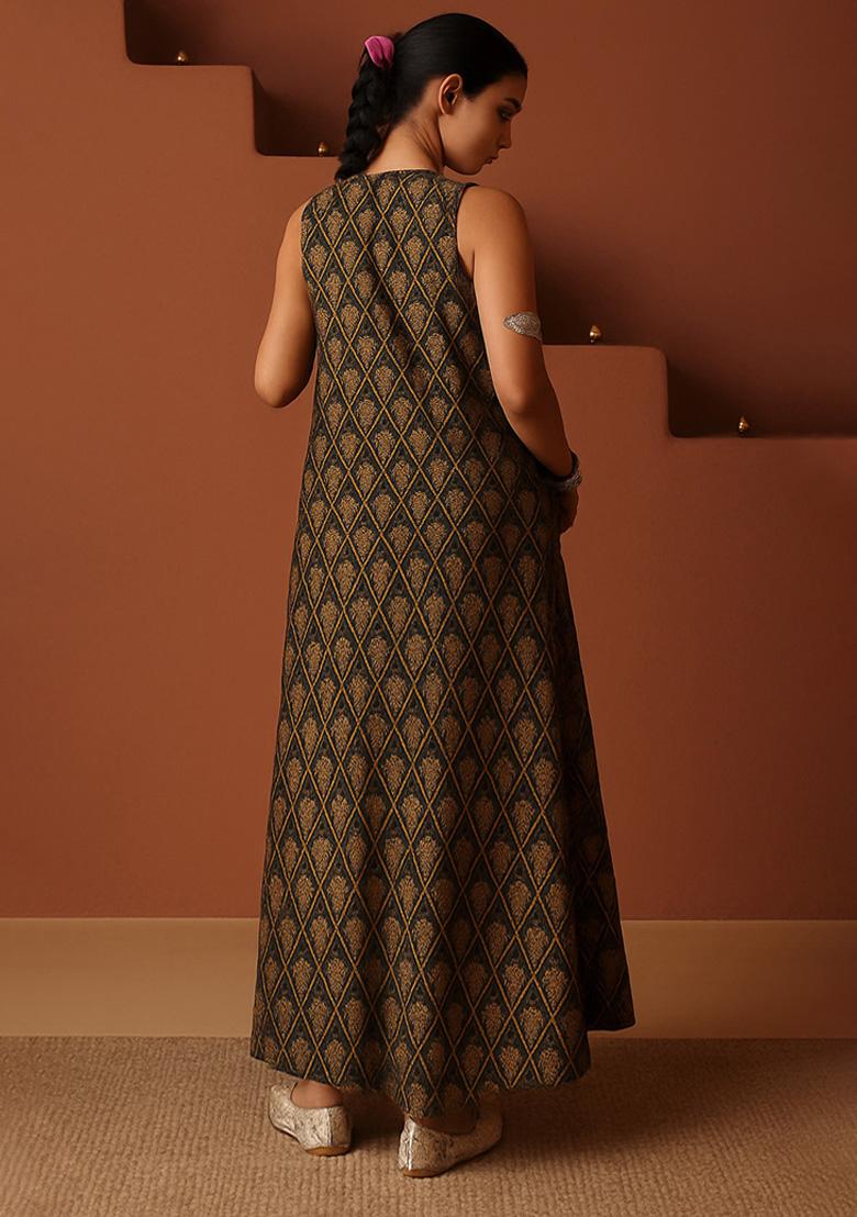 Brown Brocade Dress - Indya