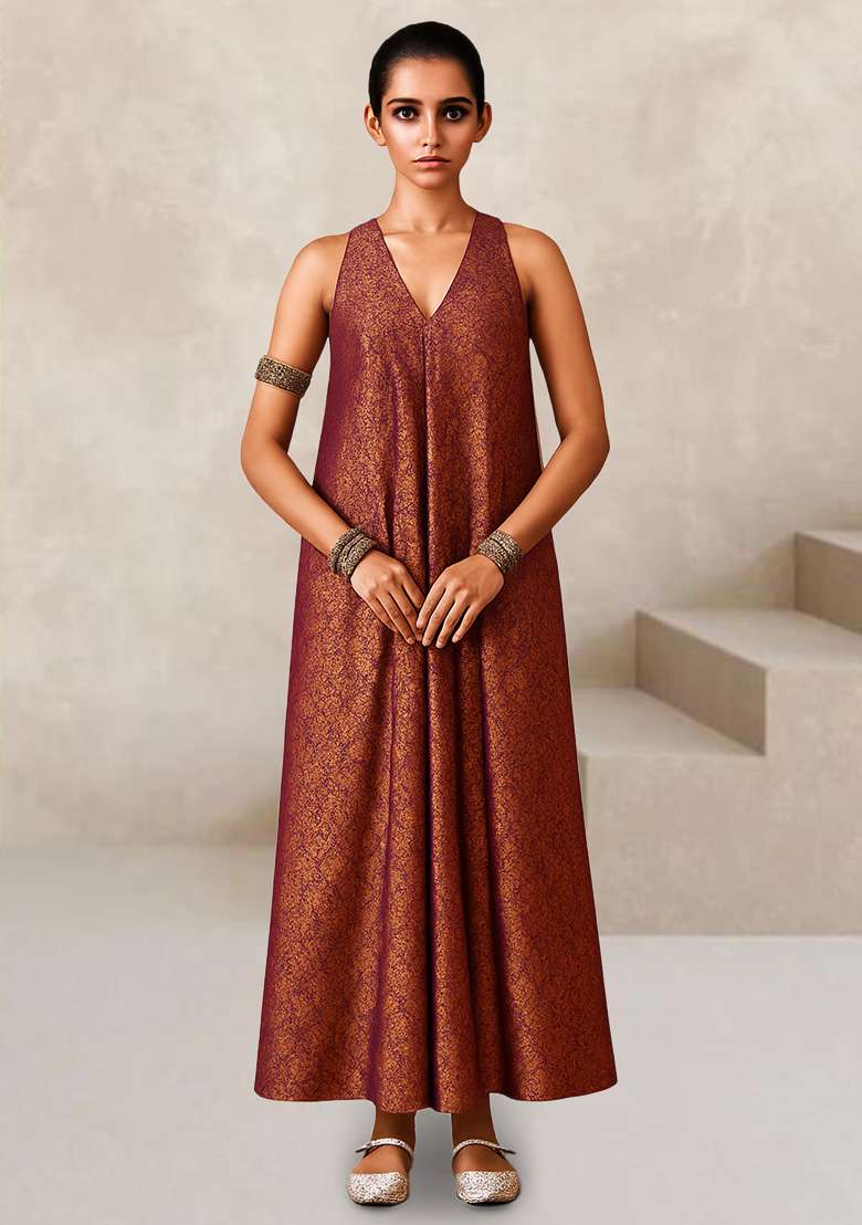 Metalic Pink Brocade Dress - Indya