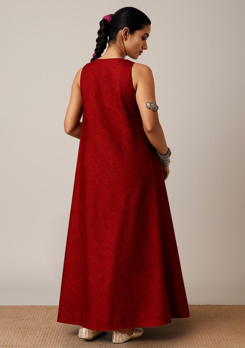 Red Brocade Dress - Indya