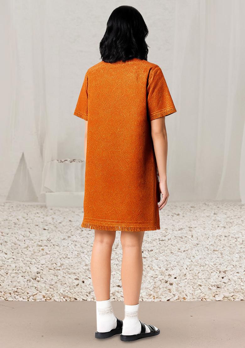 Orange Brocade Dress - Indya