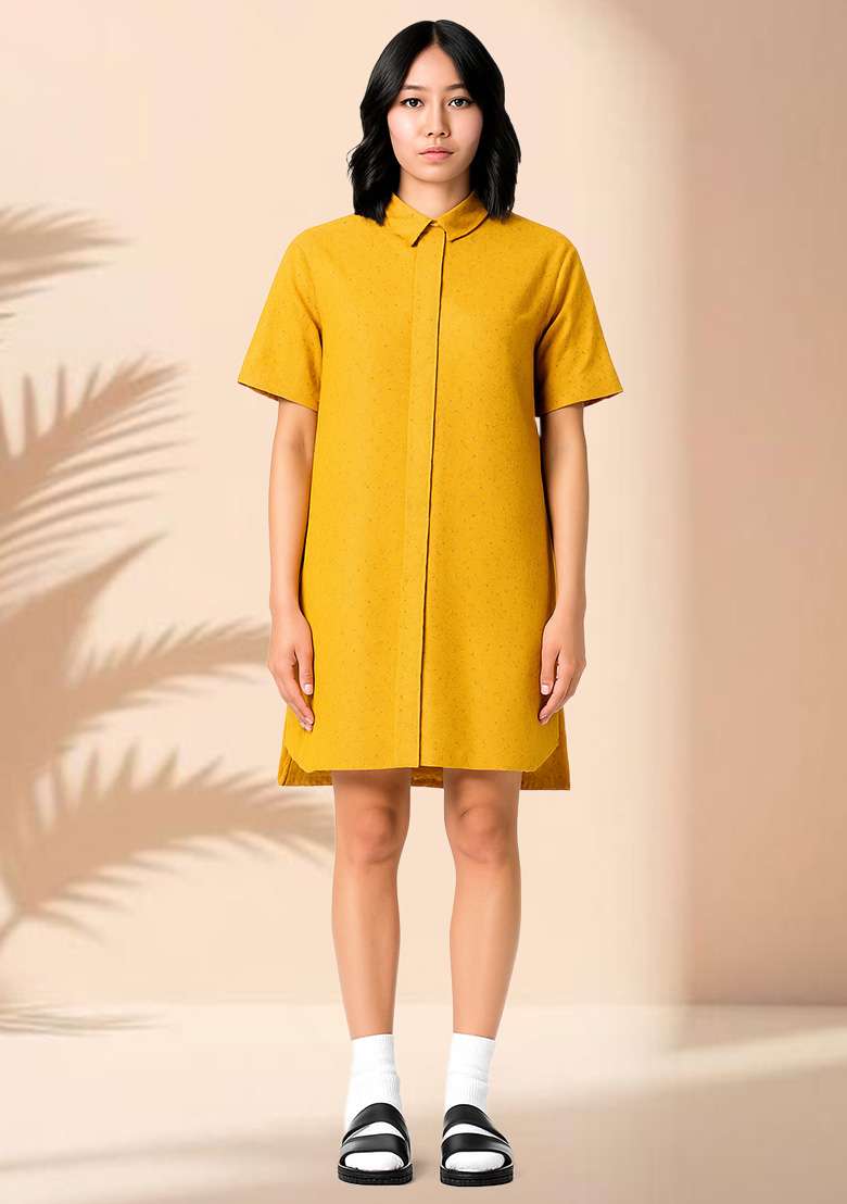 Yellow Brocade Dress - Indya