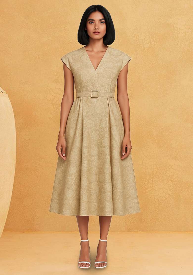 Beige Brocade Dress - Indya