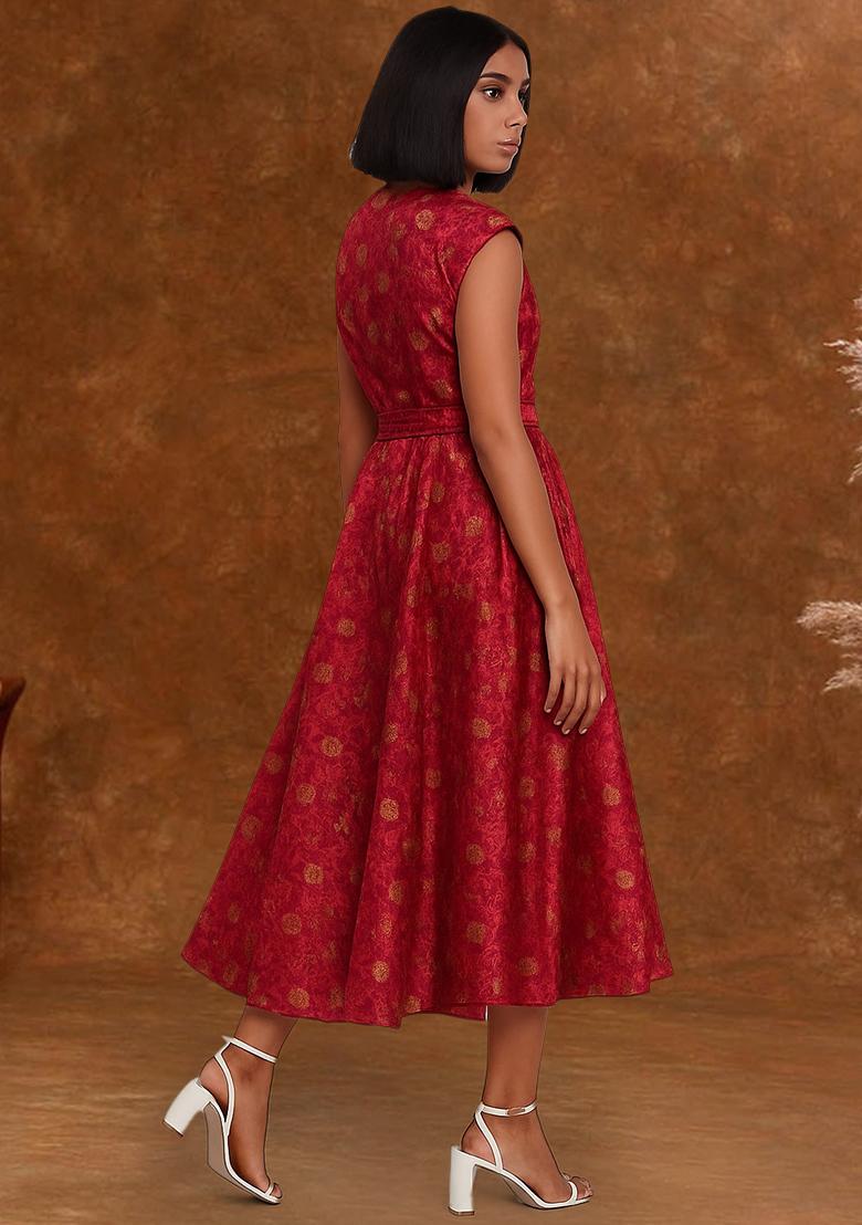 Red Brocade Dress - Indya