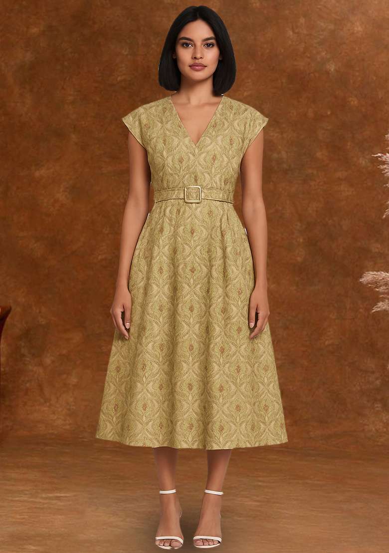 Green Brocade Dress - Indya