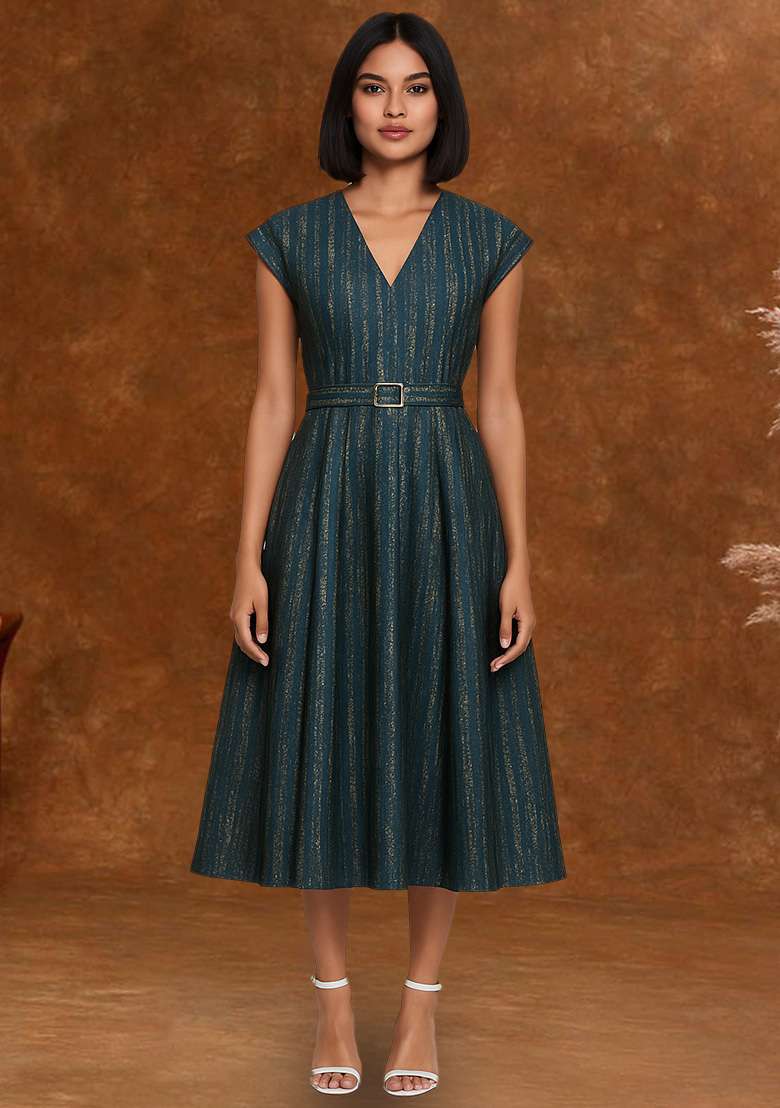 Blue Brocade Dress - Indya