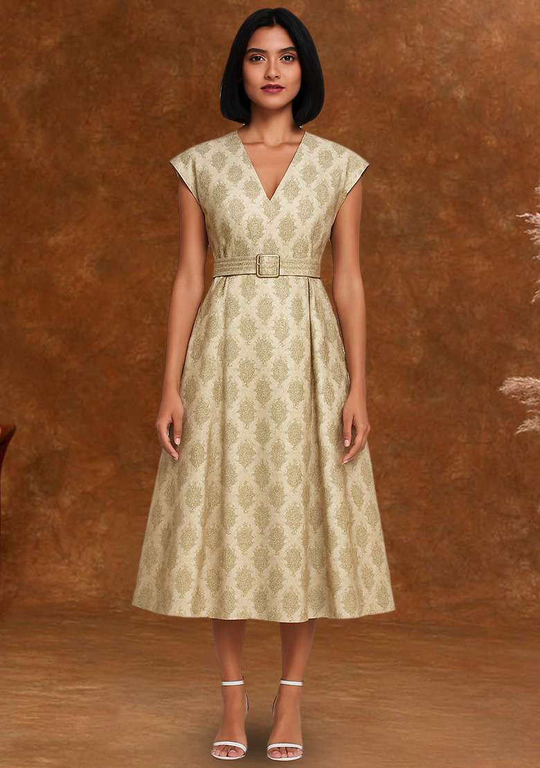 Beige Brocade Dress - Indya