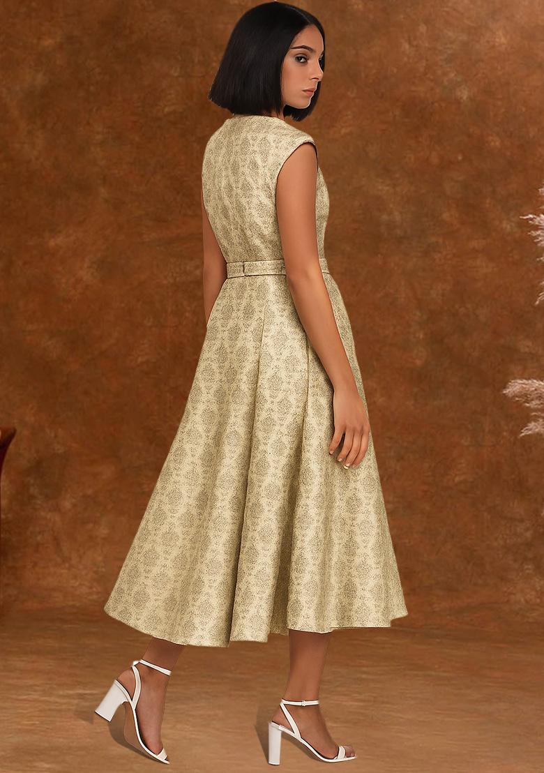 Beige Brocade Dress - Indya