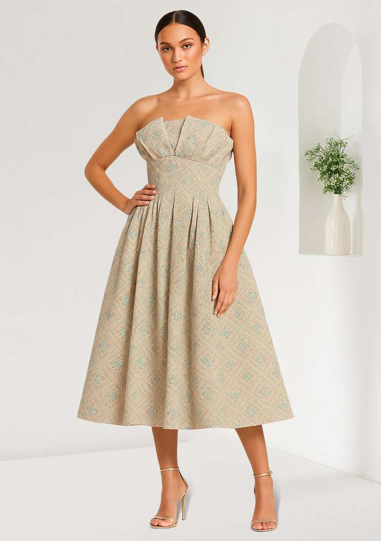 Pastel Green Brocade Dress - Indya
