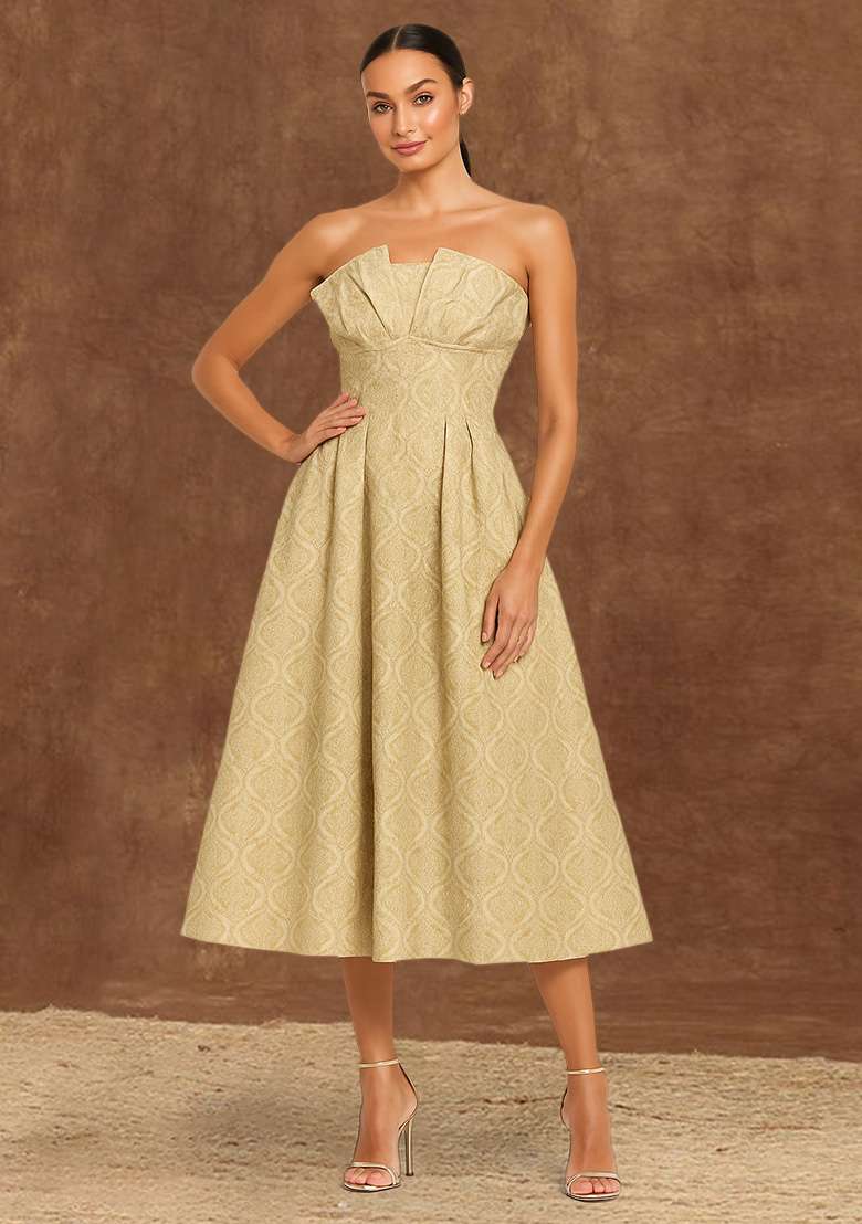 Beige Brocade Dress - Indya