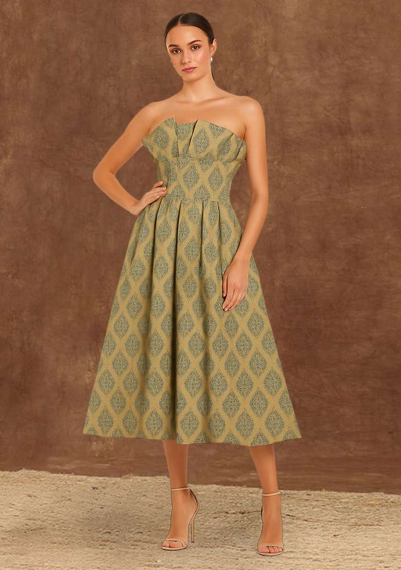 Green Brocade Dress - Indya
