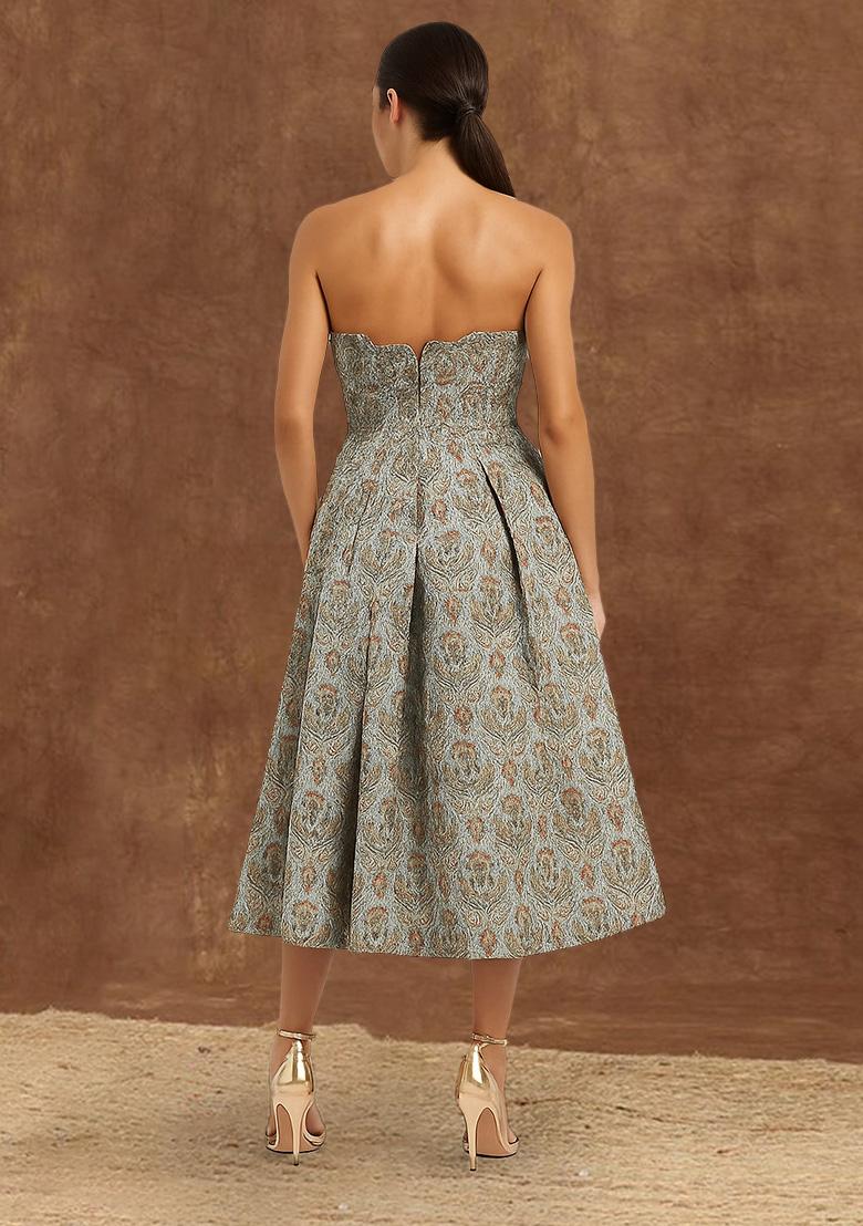 Blue And Orange Brocade Dress - Indya