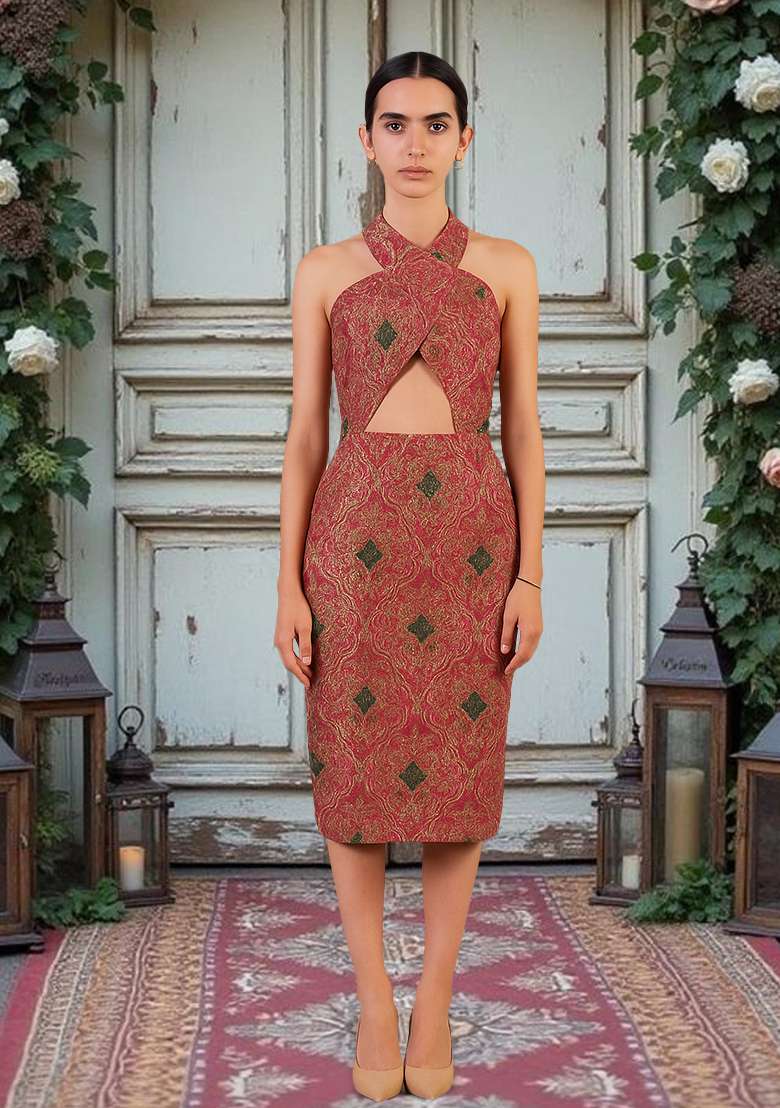 Pink Brocade Dress - Indya