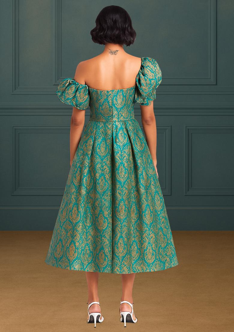 Sea Blue Brocade Dress - Indya