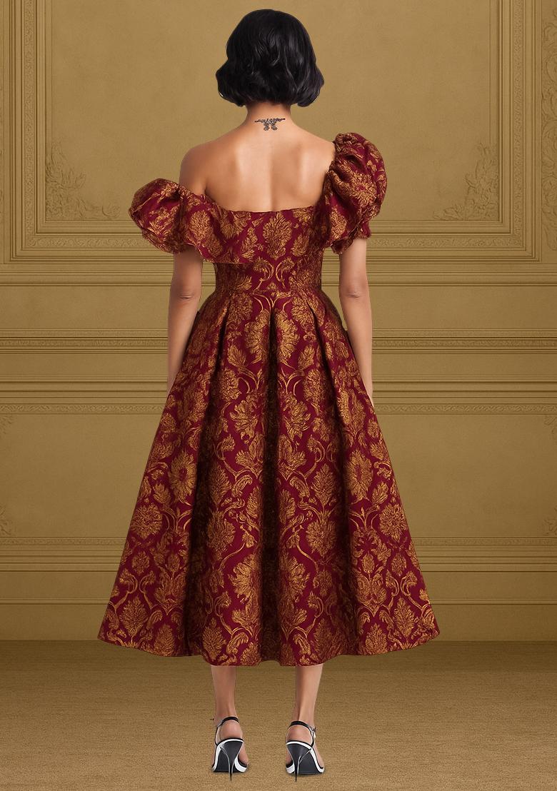 Maroon Brocade Dress - Indya