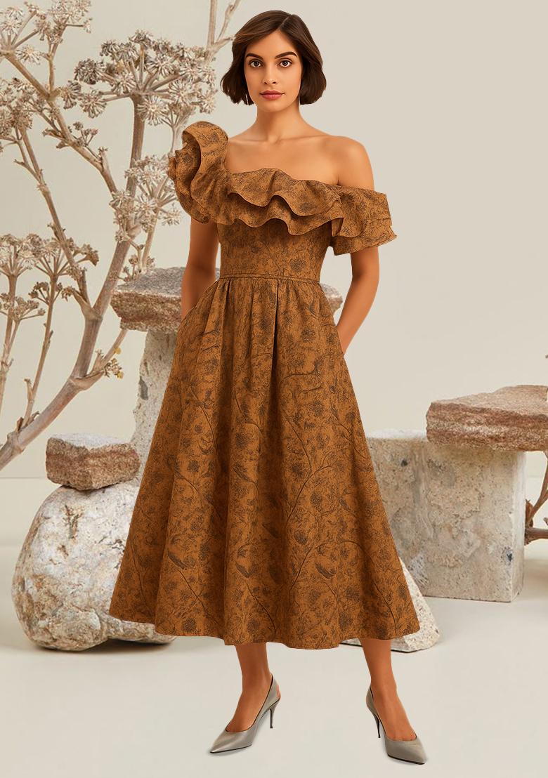 Brown Brocade Dress - Indya