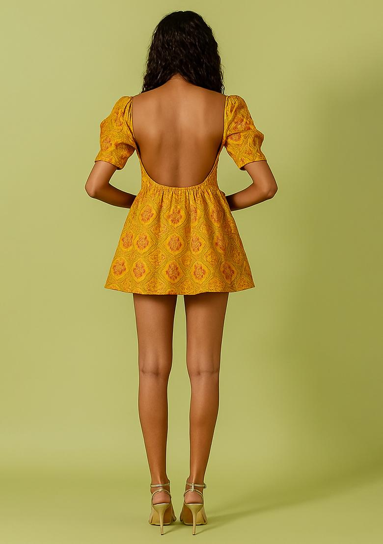 Yellow Brocade Dress - Indya