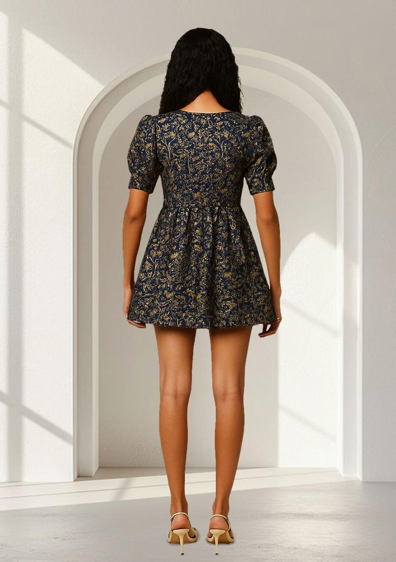 Navy Blue Brocade Dress - Indya