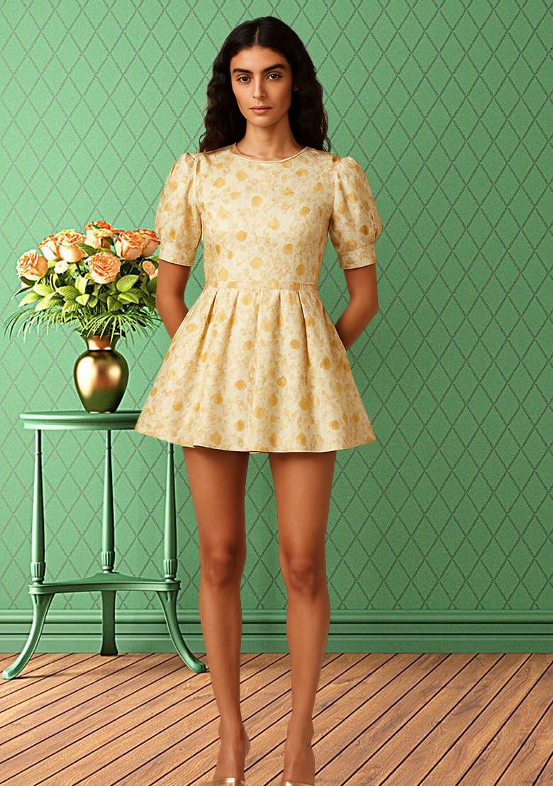 Cream Brocade Dress - Indya