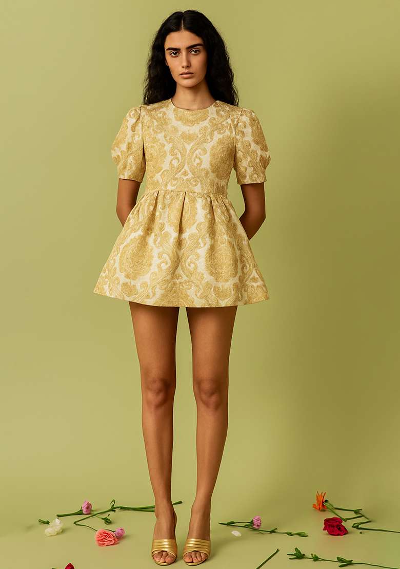 Cream Brocade Dress - Indya
