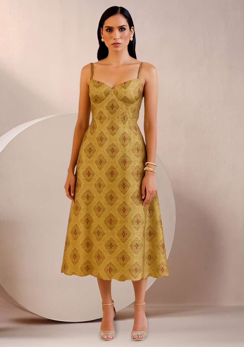 Golden Brocade Dress - Indya