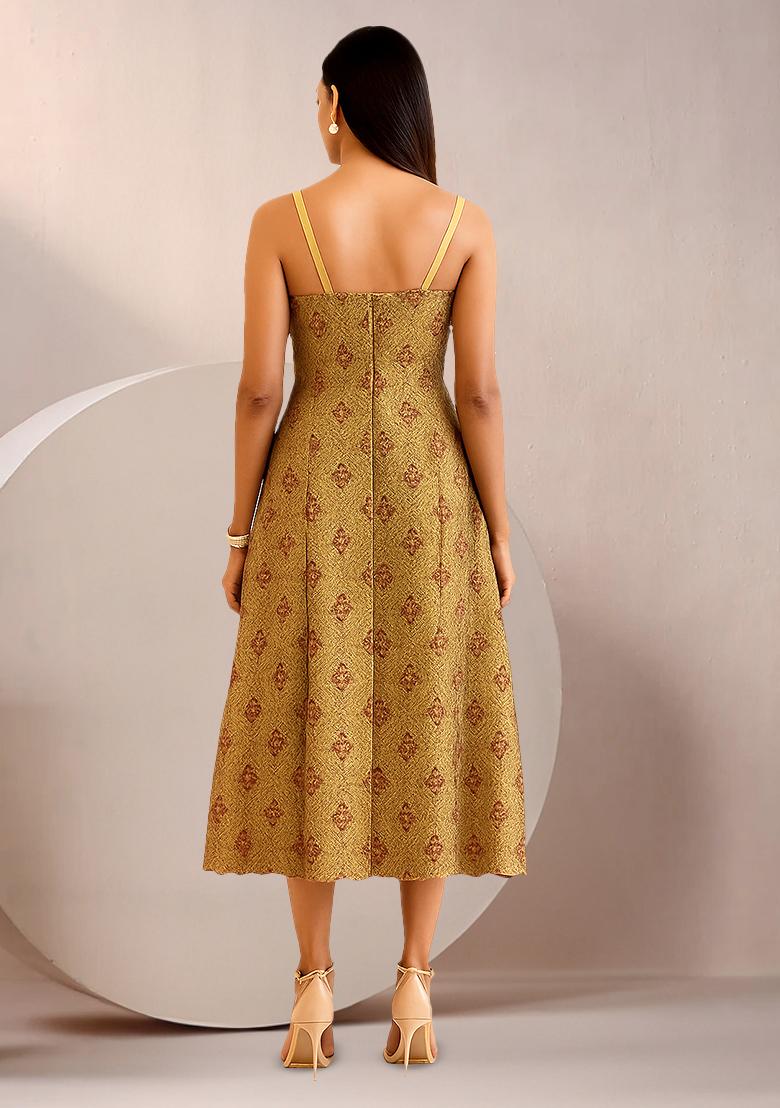 Golden Brocade Dress - Indya