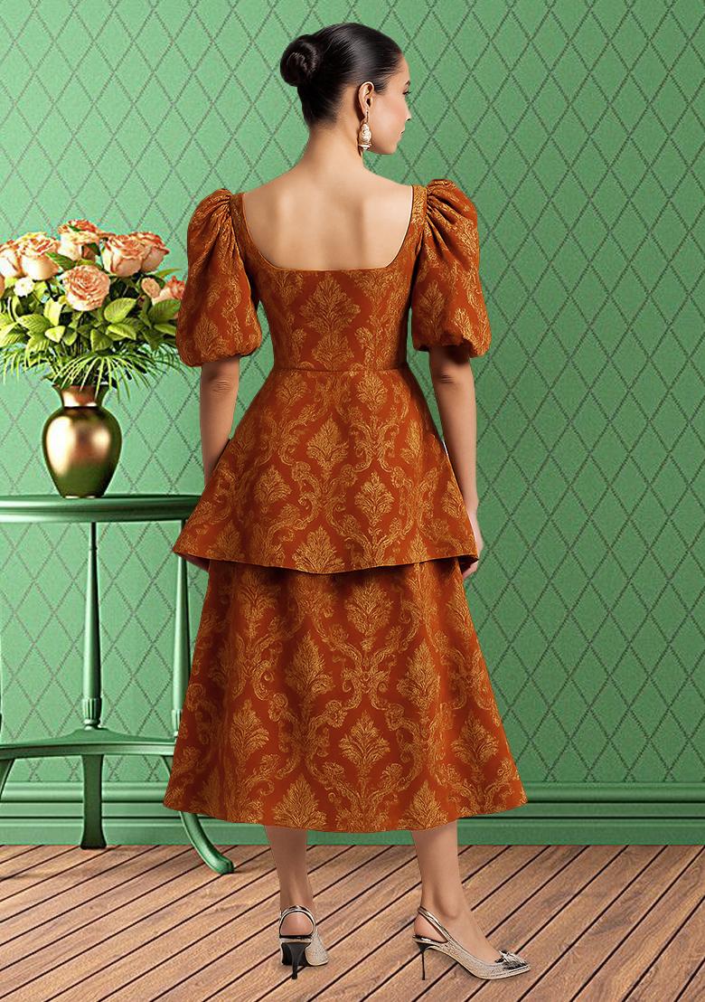 Orange Brocade Dress - Indya