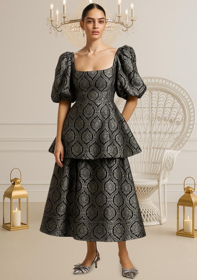 Black Brocade Dress - Indya