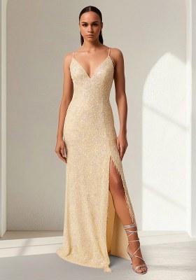 Yellow Sequin Net Gown