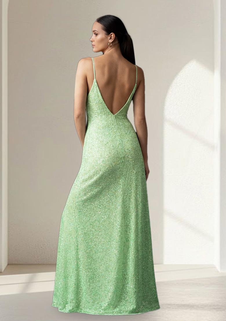 Pista Green Sequin Net Gown - Indya