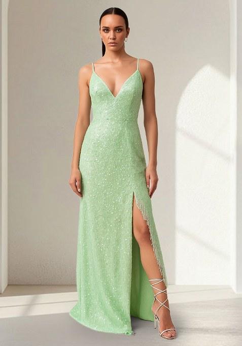Pista Green Sequin Net Gown