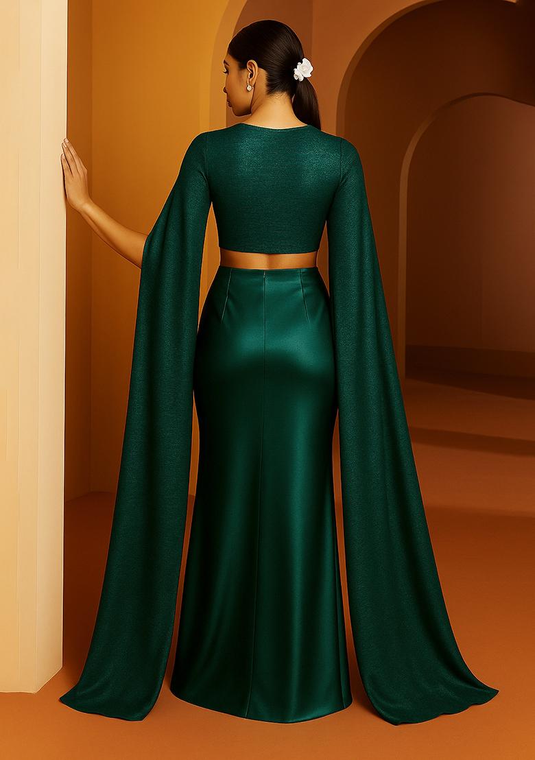 Green Sequin Work Pleated Knitted Fusion Set - Indya