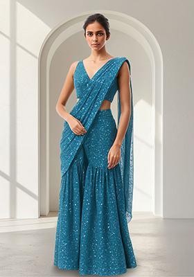 Teal Embroidered Georgette Fusion Set