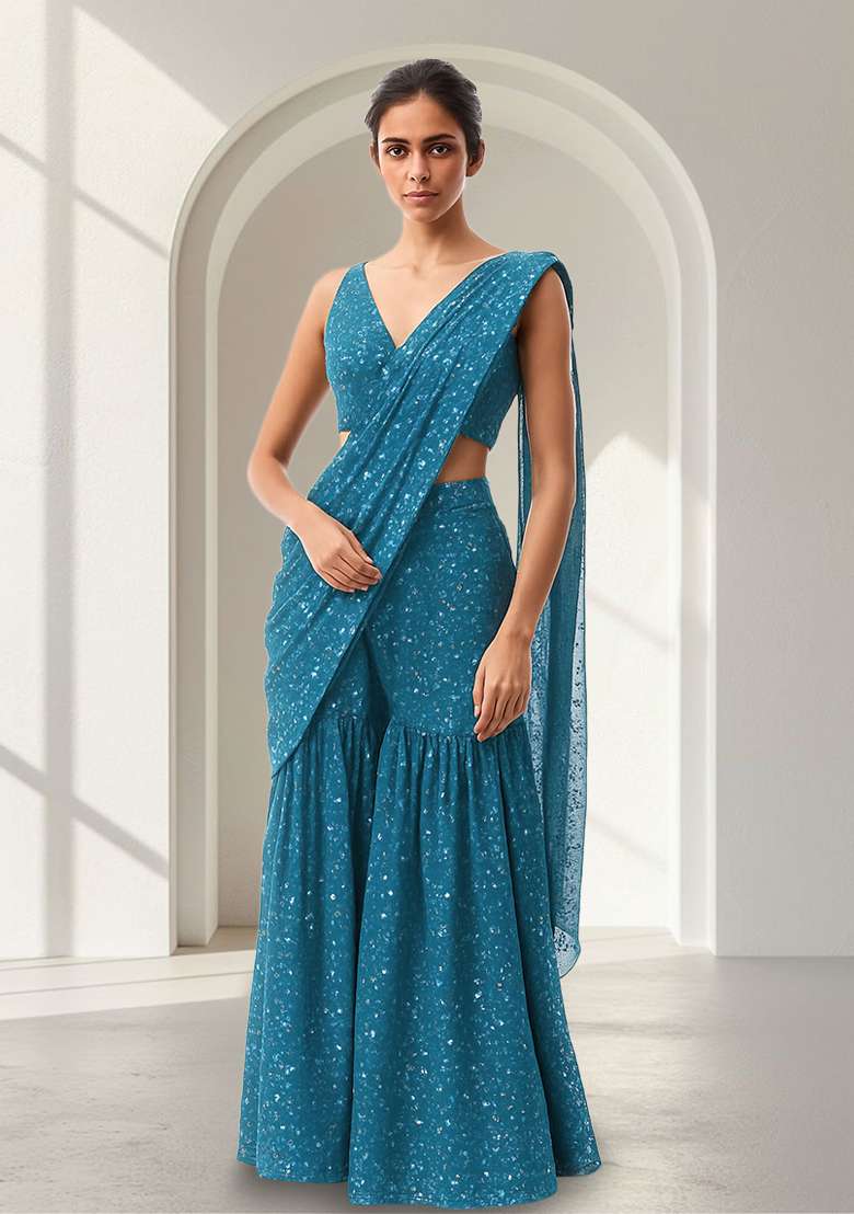 Teal Embroidered Georgette Fusion Set - Indya