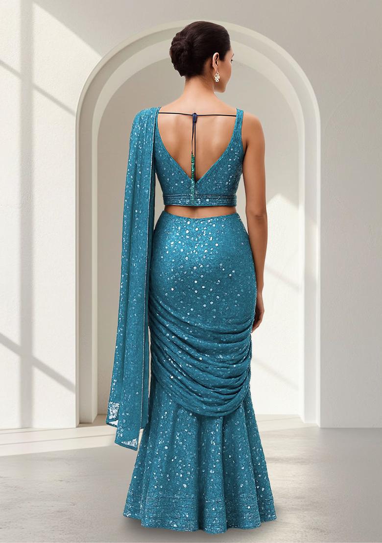 Teal Embroidered Georgette Fusion Set - Indya
