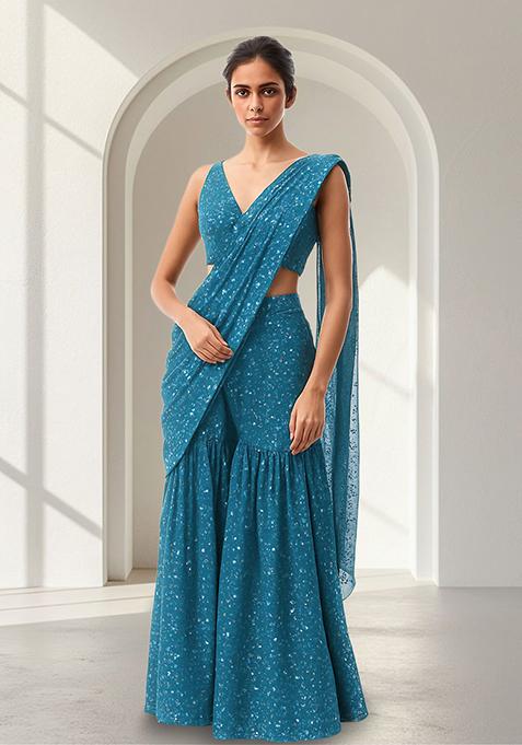 Teal Embroidered Georgette Fusion Set