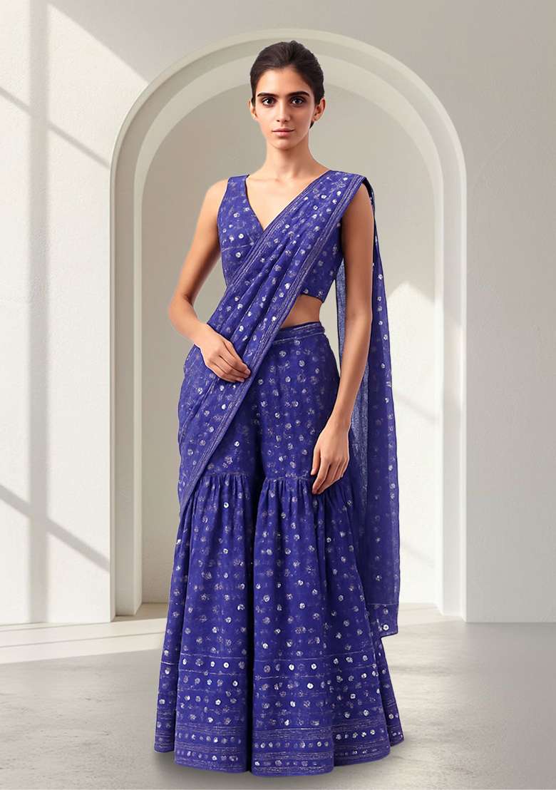 Blue Purple Embroidered Georgette Fusion Set - Indya