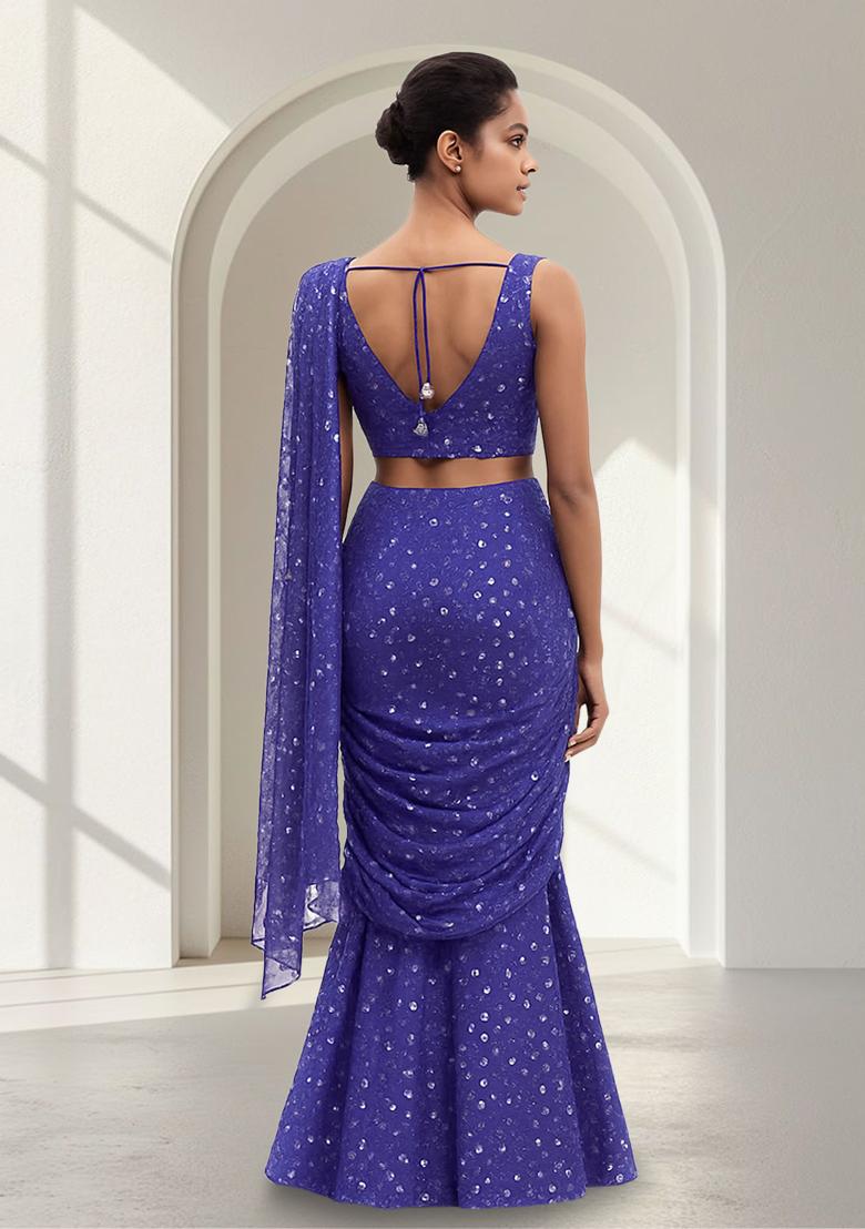Blue Purple Embroidered Georgette Fusion Set - Indya
