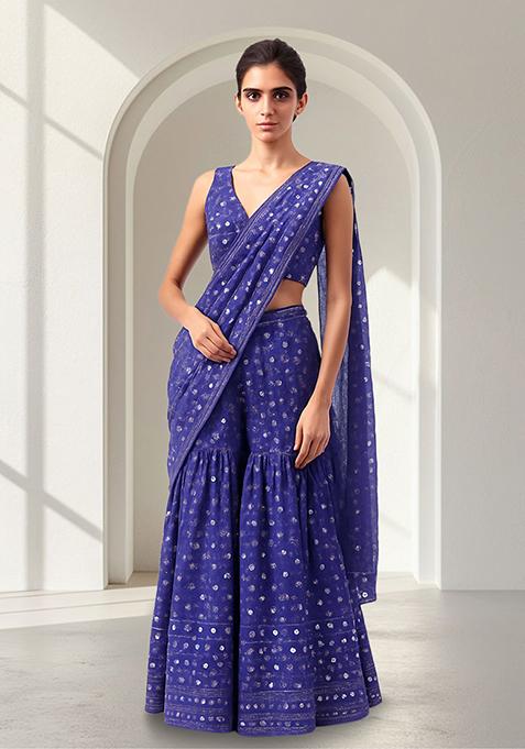 Blue Purple Embroidered Georgette Fusion Set
