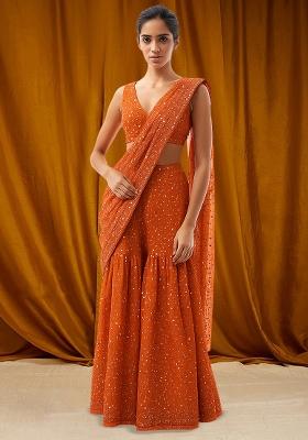 Orange Embroidered Georgette Fusion Set