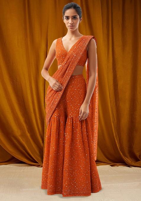 Orange Embroidered Georgette Fusion Set