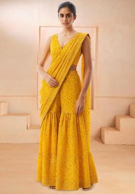 Yellow Embroidered Georgette Fusion Set