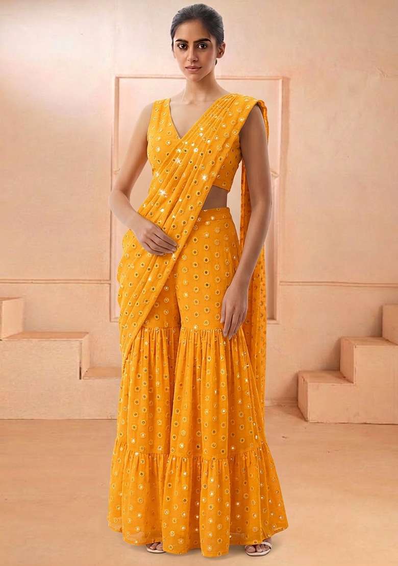 Yellow Embroidered Georgette Fusion Set - Indya