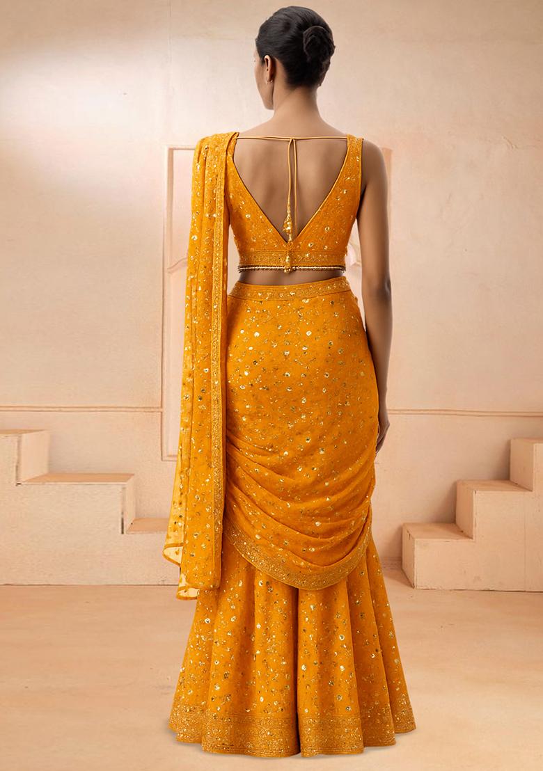 Yellow Embroidered Georgette Fusion Set - Indya